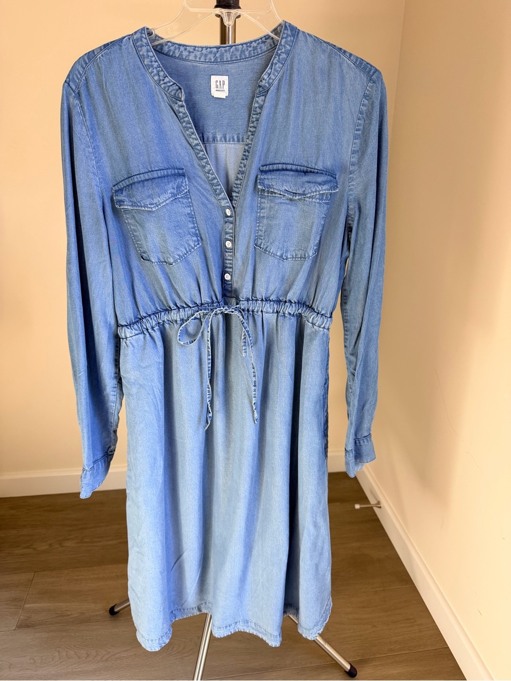 GAP Light Blue Chambray Button-Front Drawstring Dress S 100% Lyocell